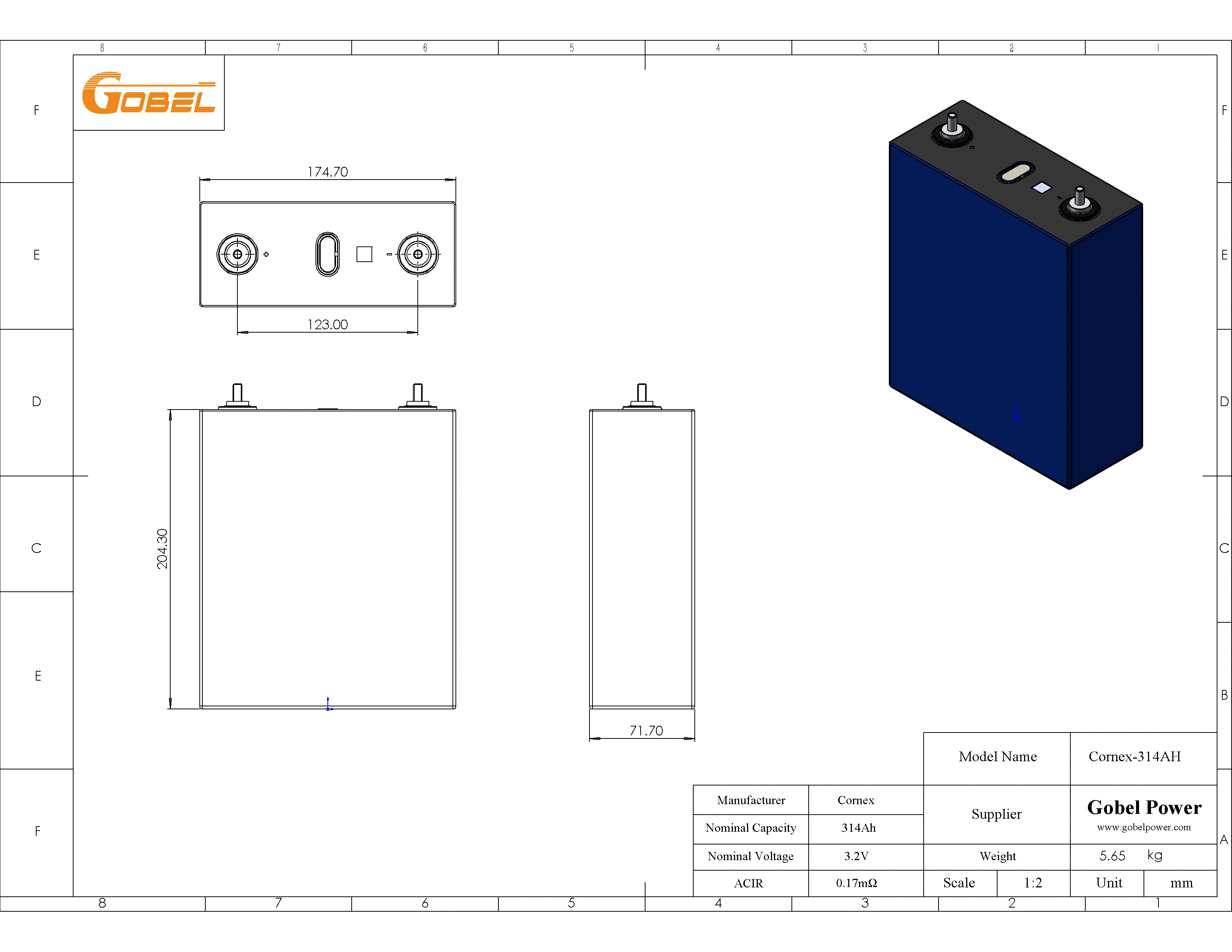 Cornex 314AH LiFePo4 Cell dimension