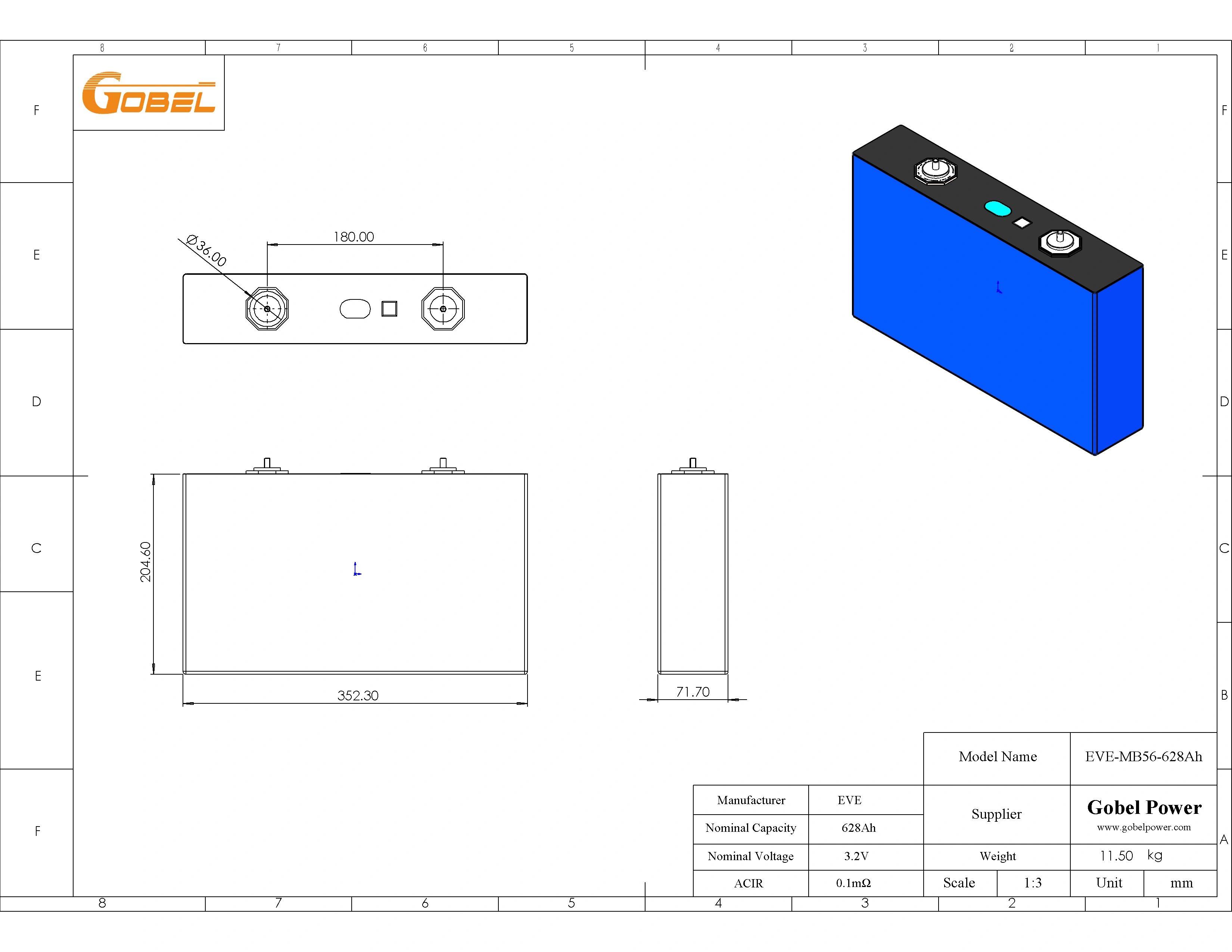 EVE MB56 628Ah LiFePO4 Cell Dimension
