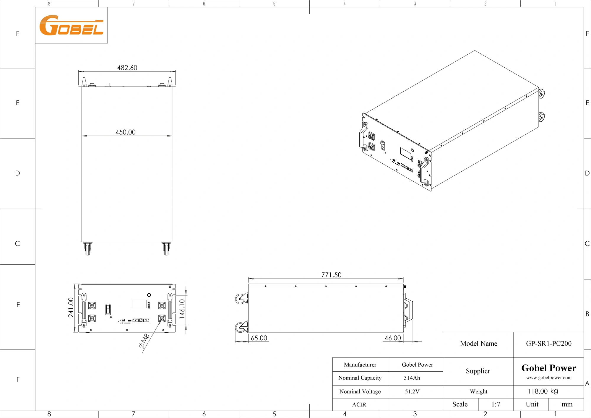 51.2V 314Ah 16kWh 10kW LiFePO4 Battery CAD Drawing