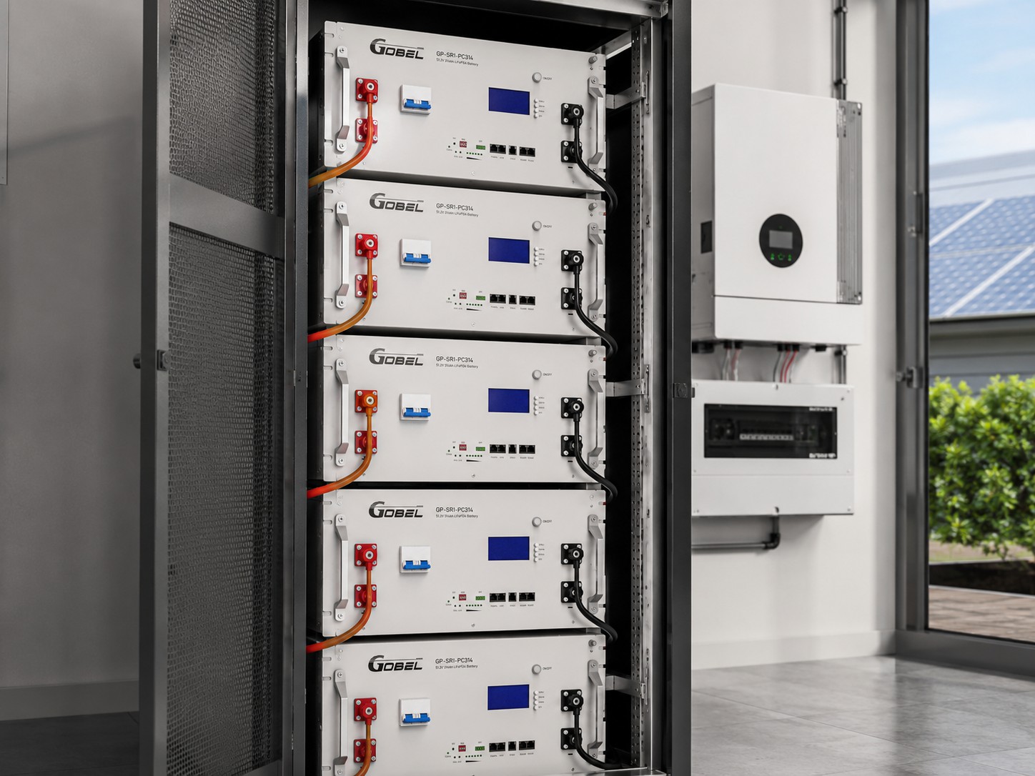 Multiple GP-SR1-PC314 51.2V 314Ah LiFePO4 server rack batteries in parallel with inverter for scalable home energy storage