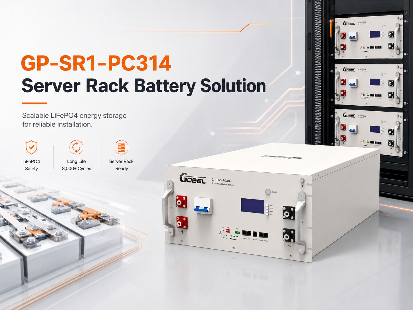 Gobel Power GP-SR1-PC314 51.2V 314Ah 16kWh LiFePO4 server rack battery front panel with LCD and 250A circuit breaker