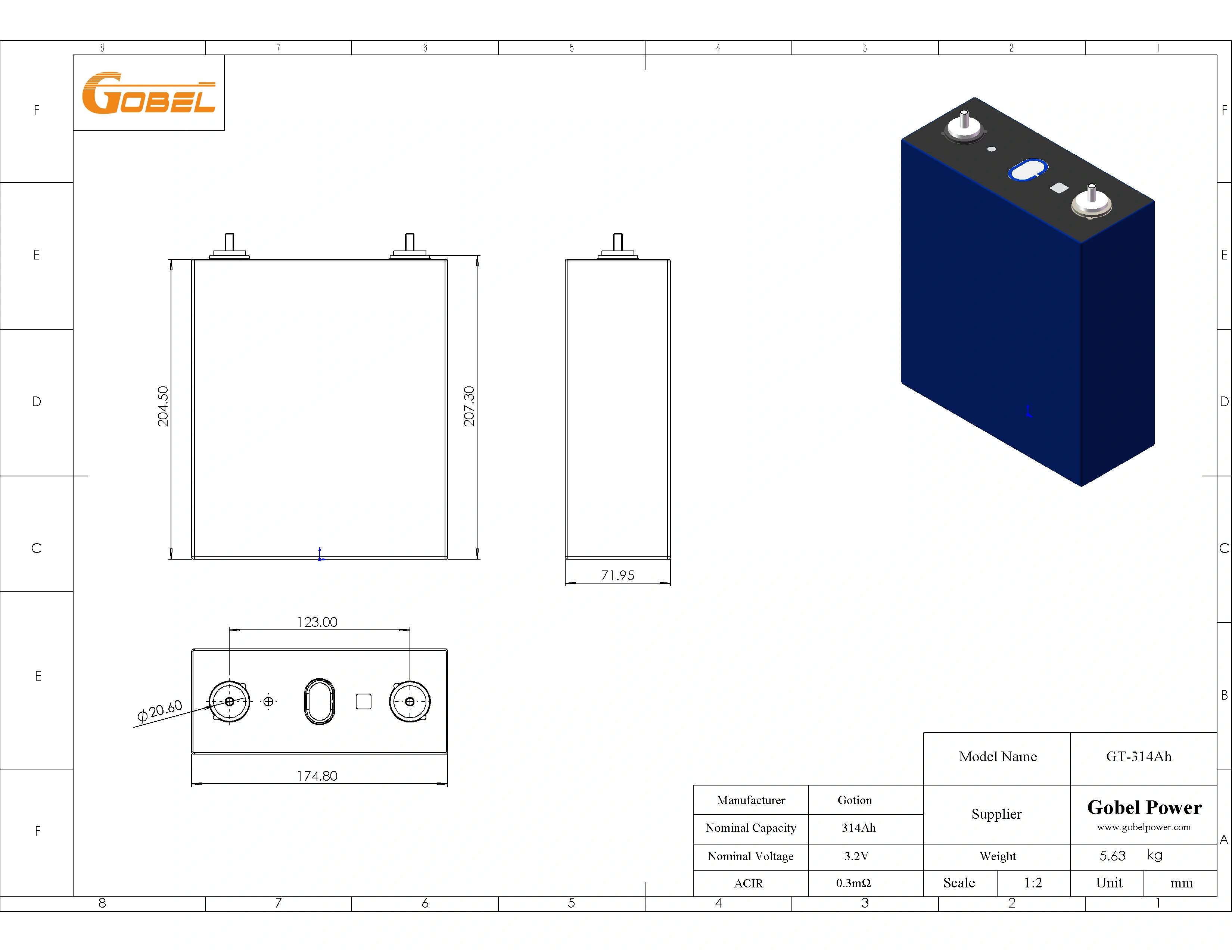 EVE 280Ah LiFePO4 Battery Cell CAD Drawing with Dimensions and Main Parameters